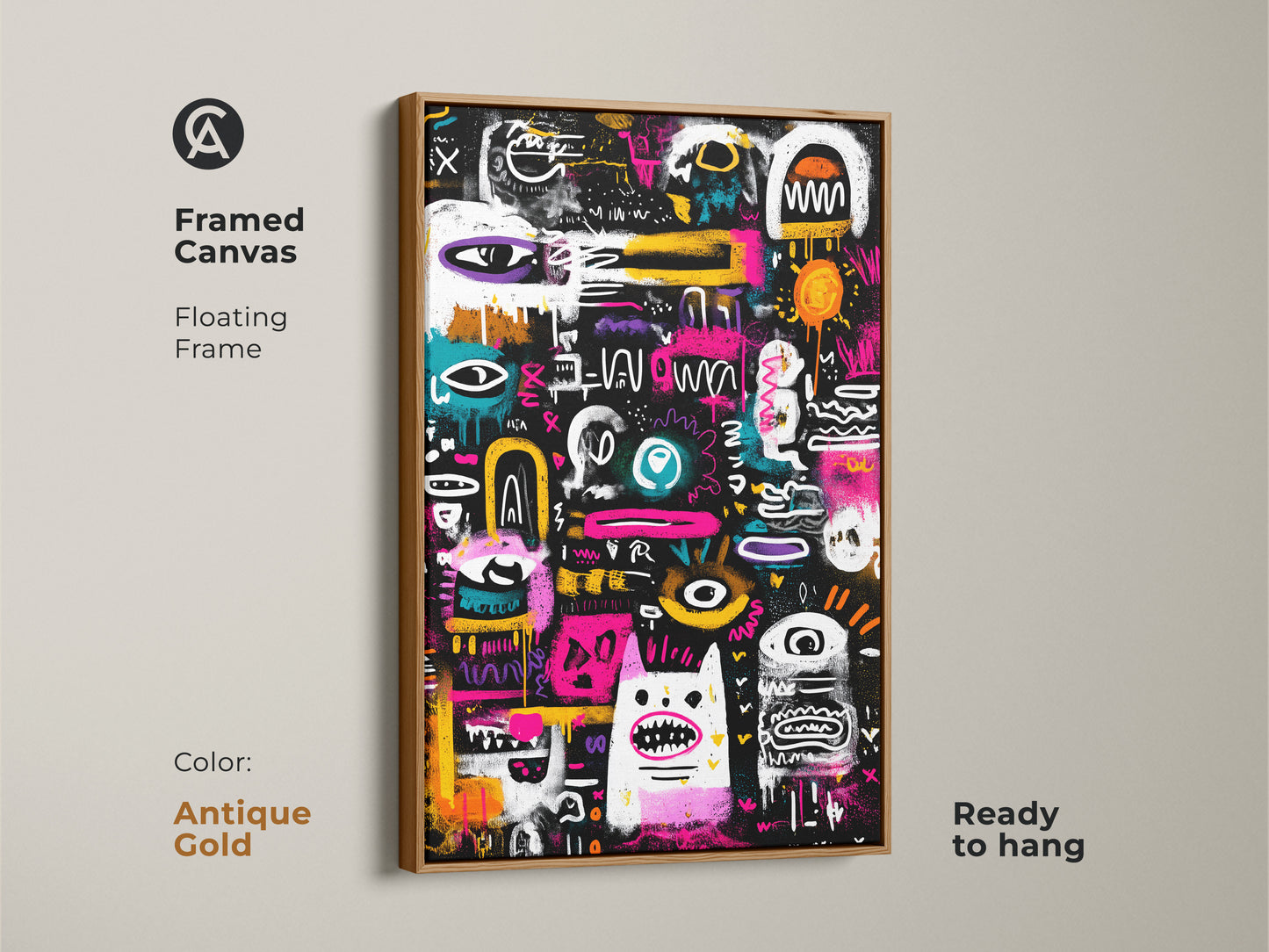 Framed canvas with a floating frame in antique gold. This ready-to-hang artwork showcases a black background with colorful graffiti-style art. Make a statement with this unique art piece.