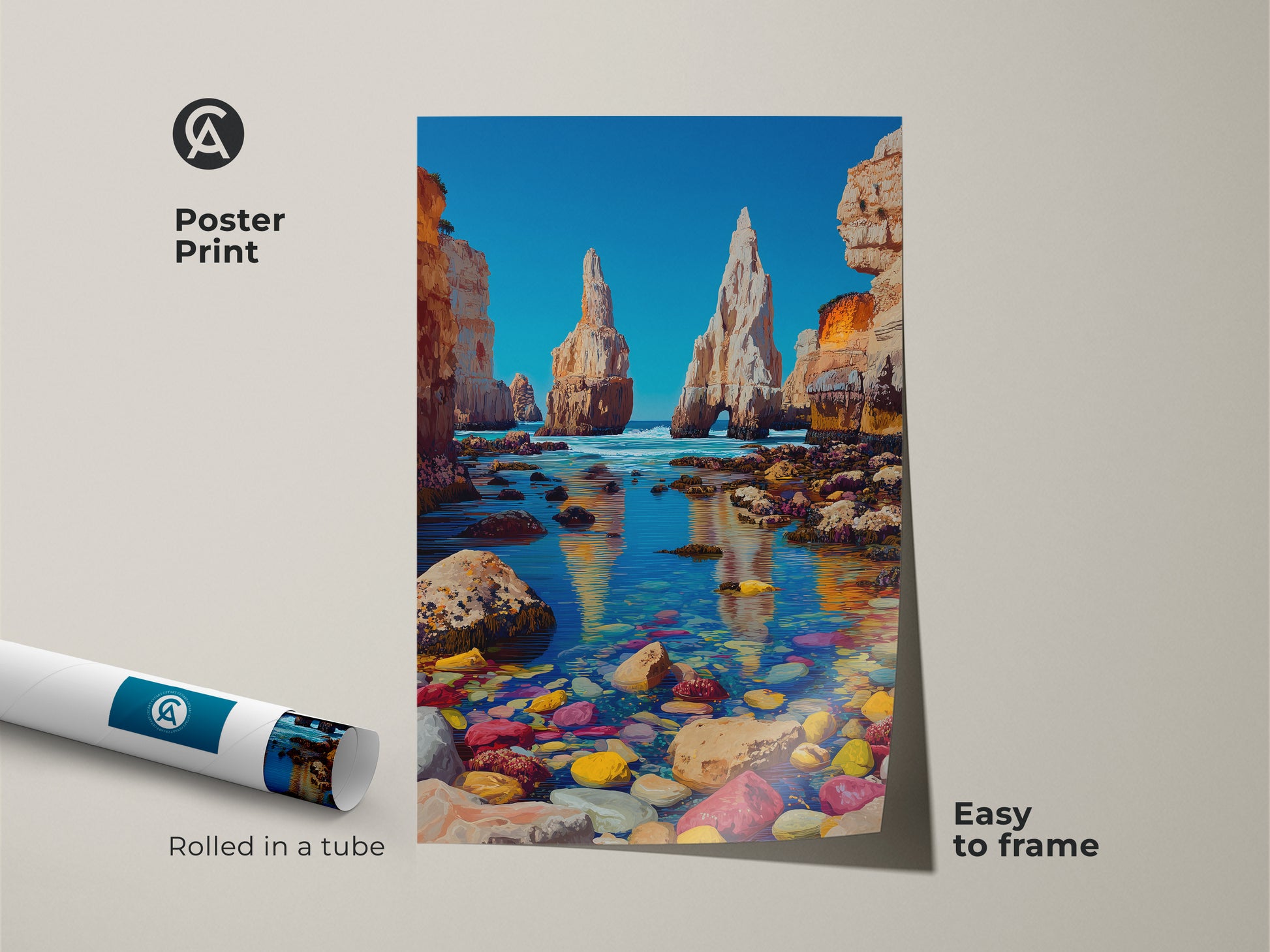 Poster print of a bright blue sea art and golden yellow ocean view. The rocky shoreline painting captures the Mediterranean Wall Decor. This beach house art print offers vibrant coastal landscape. Rolled in a tube and easy to frame.