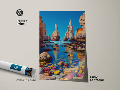 Poster print of a bright blue sea art and golden yellow ocean view. The rocky shoreline painting captures the Mediterranean Wall Decor. This beach house art print offers vibrant coastal landscape. Rolled in a tube and easy to frame.