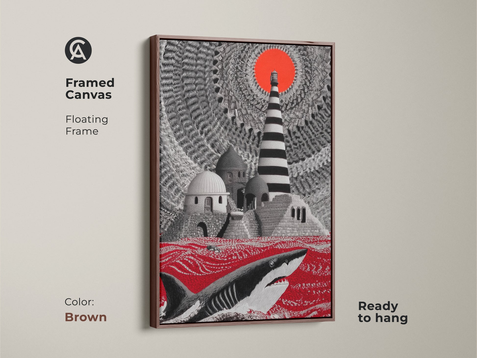 Brown framed canvas showing surreal shark art. The crimson ocean canvas art includes a lighthouse offering fantasy wall decor. Ready to hang this nautical artwork is the perfect eclectic home decor gift.