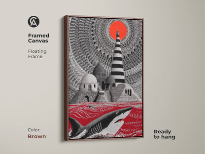 Brown framed canvas showing surreal shark art. The crimson ocean canvas art includes a lighthouse offering fantasy wall decor. Ready to hang this nautical artwork is the perfect eclectic home decor gift.