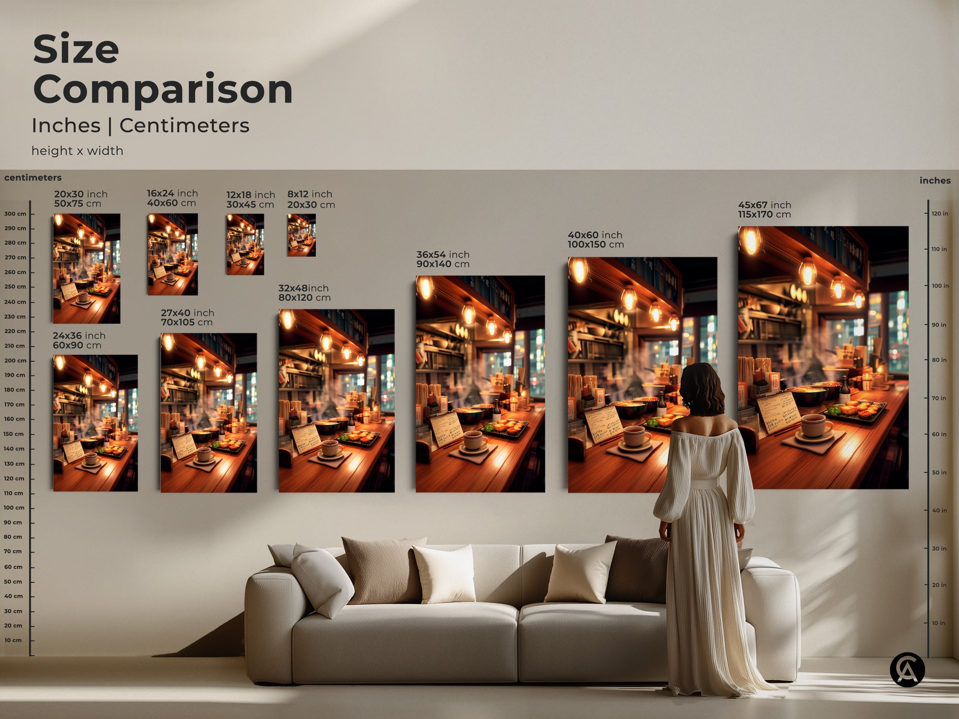 Size comparison for ramen bar art prints. See inches and centimeters for canvas and poster sizes. Visualize how each artwork fits above a sofa. Choose the perfect size for your wall decor. Transform your living space today.