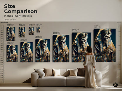 Size comparison of Gothic Pharaoh Skeleton Art Prints and Canvases. The image highlights various sizes of the artwork in inches and centimeters. Imagine eclectic wall art above your couch or office.
