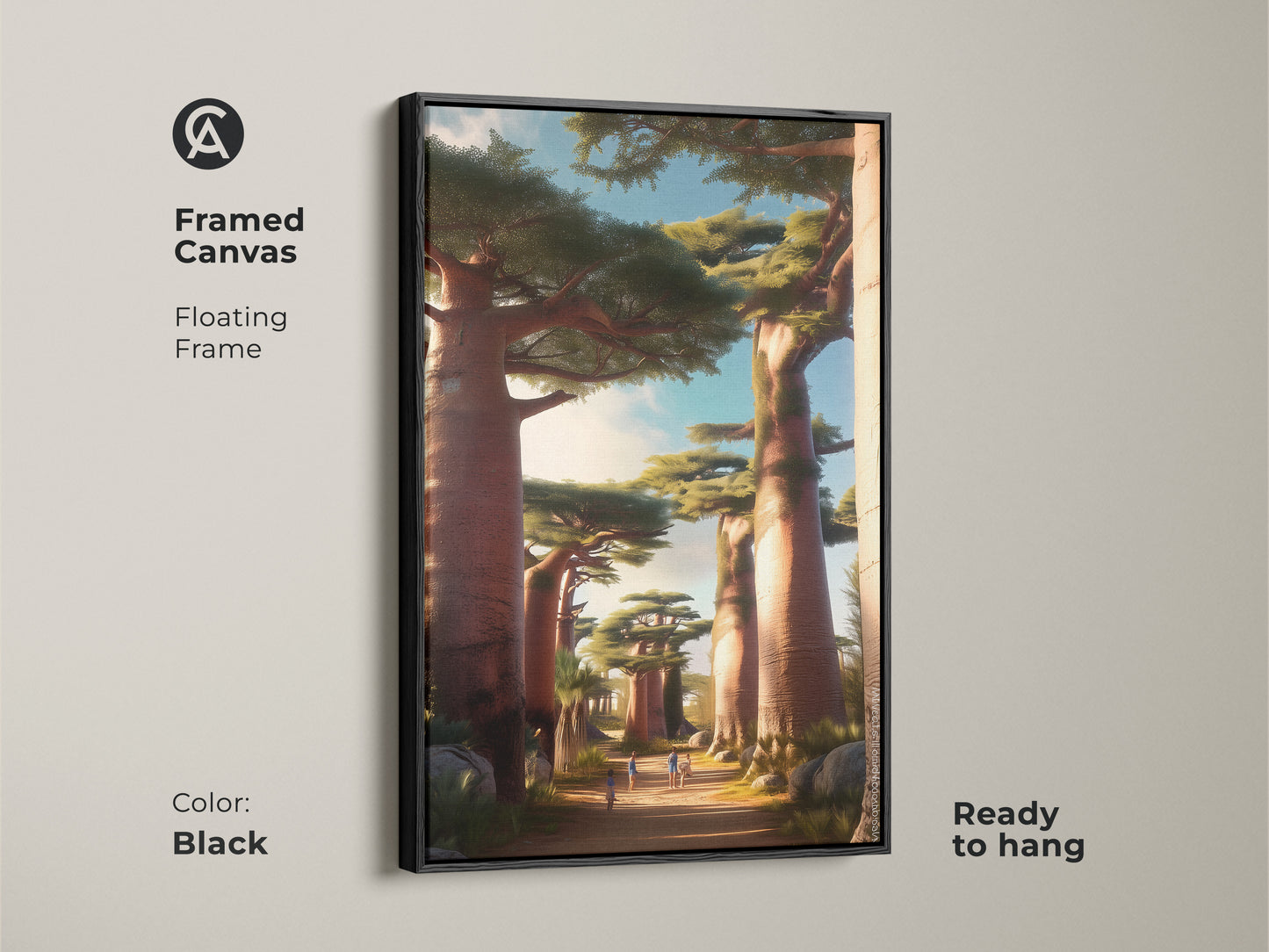 Framed canvas featuring African Baobab Trees. Floating frame in black adds a touch of elegance. This earthy tones nature artwork is ready to hang. The painterly landscape print brings a boho aesthetic. A unique housewarming gift for travelers.