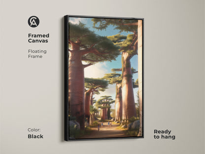 Framed canvas featuring African Baobab Trees. Floating frame in black adds a touch of elegance. This earthy tones nature artwork is ready to hang. The painterly landscape print brings a boho aesthetic. A unique housewarming gift for travelers.