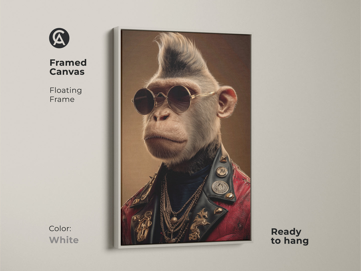 Framed canvas displaying a rockstar monkey portrait with a white floating frame. Ready to hang this unique office decor adds personality to any room and makes a cool gift.