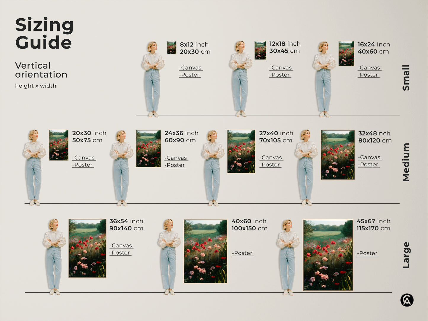 Sizing guide for vertical poppy field artwork. Available as canvas or poster in small medium and large sizes. Find the perfect fit for your space with dimensions in inches and centimeters. Enhance your boho bedroom decor.