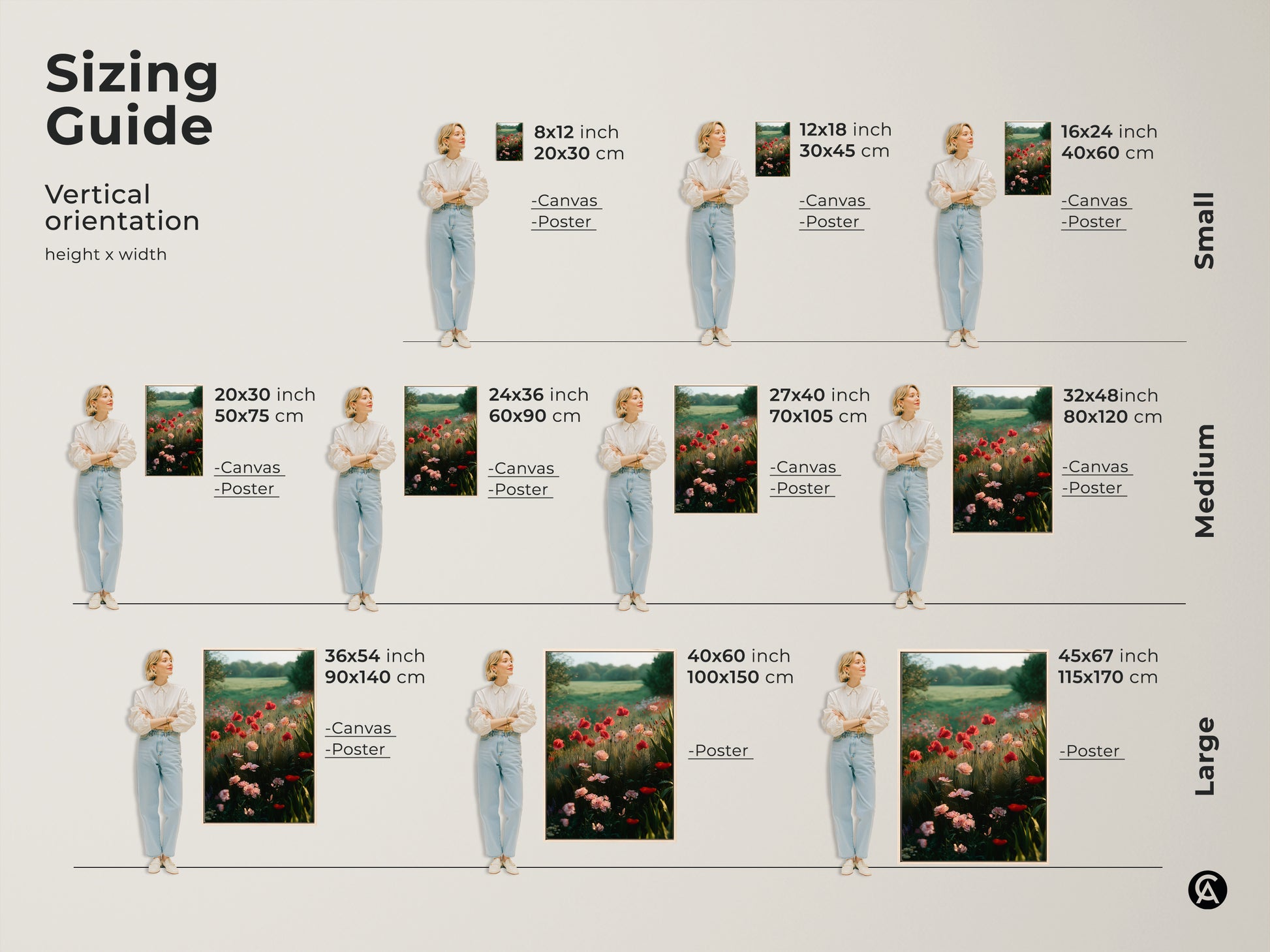 Sizing guide for vertical poppy field artwork. Available as canvas or poster in small medium and large sizes. Find the perfect fit for your space with dimensions in inches and centimeters. Enhance your boho bedroom decor.