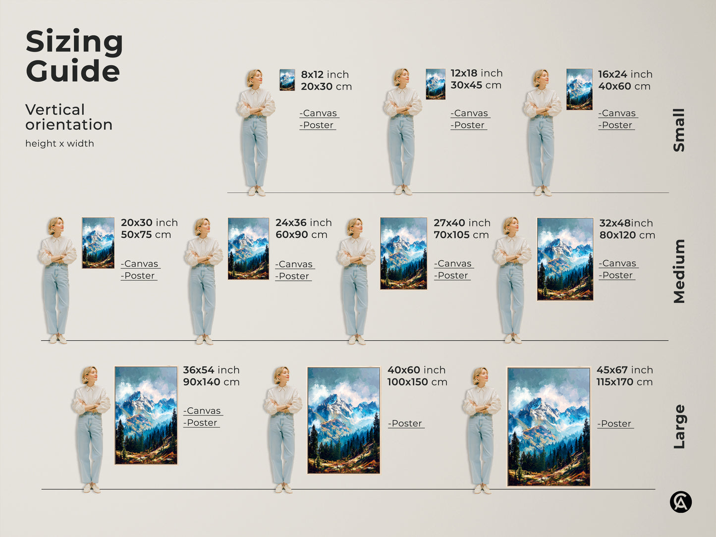 Find the perfect size for your mountain landscape artwork with this sizing guide. Choose from small medium and large vertical orientation options. Available as canvas or poster prints. Transform your walls with stunning mountain art.