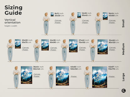 Find the perfect size for your mountain landscape artwork with this sizing guide. Choose from small medium and large vertical orientation options. Available as canvas or poster prints. Transform your walls with stunning mountain art.