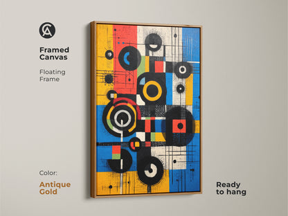 Antique gold framed canvas art print. It Features a Mid-Century Modern abstract artwork with geometric circles and squares. The yellow blue and red palette adds vibrancy. It is Ready to hang bringing a stylish flair to home or office.