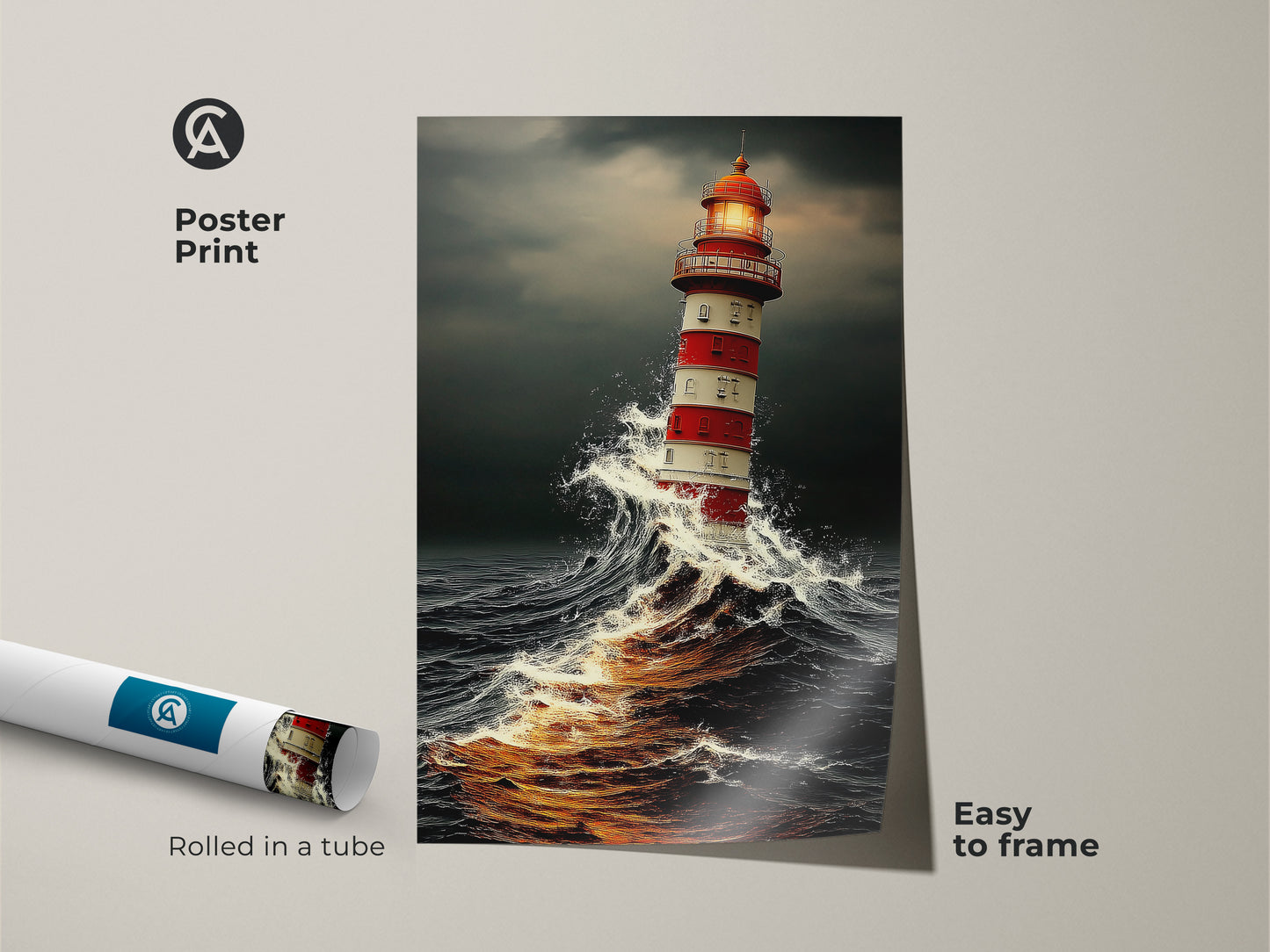 Poster Print features ocean waves and a red lighthouse painting. This stormy sea wall art is easy to frame. A sailor gift idea this art will add to your coastal home decor.