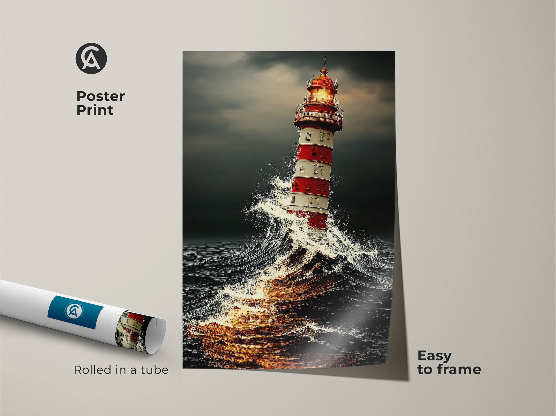 Poster Print features ocean waves and a red lighthouse painting. This stormy sea wall art is easy to frame. A sailor gift idea this art will add to your coastal home decor.