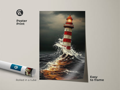 Poster Print features ocean waves and a red lighthouse painting. This stormy sea wall art is easy to frame. A sailor gift idea this art will add to your coastal home decor.
