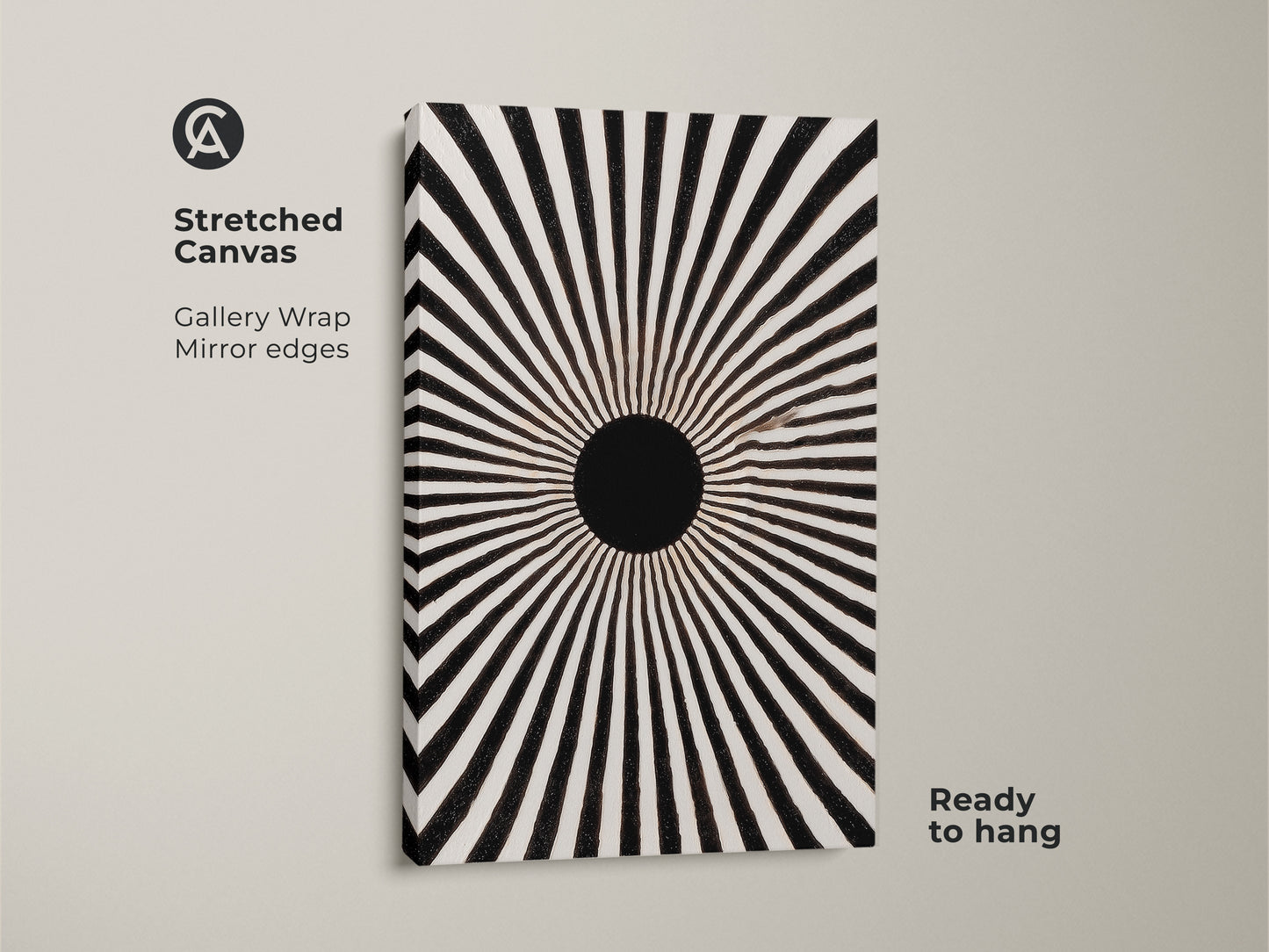 This is a stretched canvas print featuring an abstract sunburst pattern. It is a minimalist black and white artwork in a mid-century modern style. The canvas has mirror edges and gallery wrap. This ready-to-hang sunburst motif canvas is perfect for minimalist decor. It's a graphic radial art addition to any contemporary home.