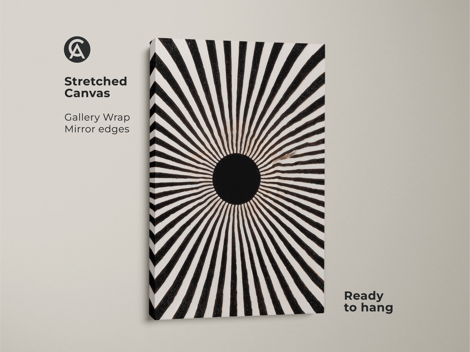 This is a stretched canvas print featuring an abstract sunburst pattern. It is a minimalist black and white artwork in a mid-century modern style. The canvas has mirror edges and gallery wrap. This ready-to-hang sunburst motif canvas is perfect for minimalist decor. It's a graphic radial art addition to any contemporary home.