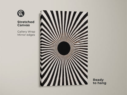 This is a stretched canvas print featuring an abstract sunburst pattern. It is a minimalist black and white artwork in a mid-century modern style. The canvas has mirror edges and gallery wrap. This ready-to-hang sunburst motif canvas is perfect for minimalist decor. It's a graphic radial art addition to any contemporary home.