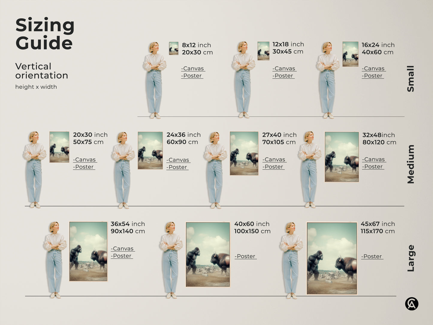Sizing guide for the vertical surreal Gorilla vs Bison artwork. Available as canvas or poster in small medium and large sizes. Muted greens and earthy tones create an eclectic look. Perfect as fantasy nature wall art.