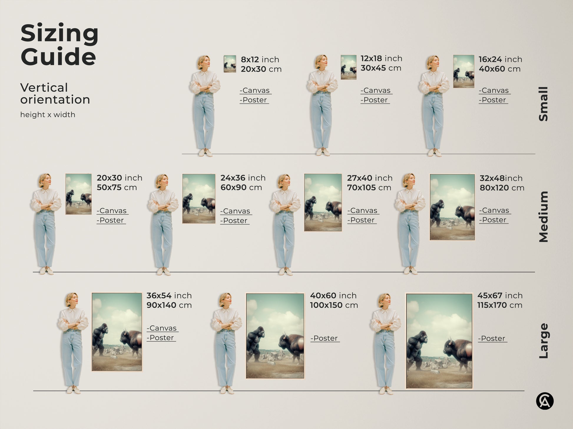 Sizing guide for the vertical surreal Gorilla vs Bison artwork. Available as canvas or poster in small medium and large sizes. Muted greens and earthy tones create an eclectic look. Perfect as fantasy nature wall art.