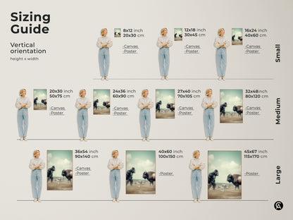 Sizing guide for the vertical surreal Gorilla vs Bison artwork. Available as canvas or poster in small medium and large sizes. Muted greens and earthy tones create an eclectic look. Perfect as fantasy nature wall art.