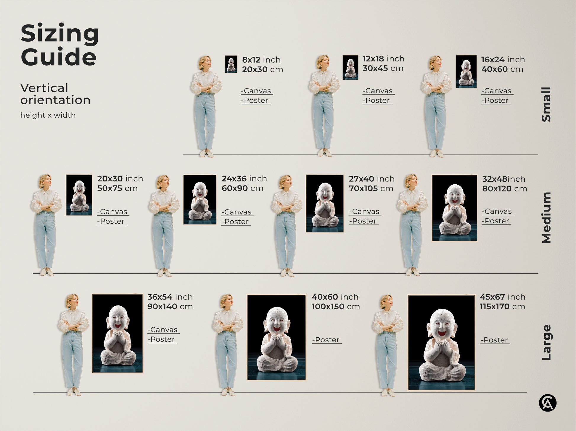 Sizing guide for minimalist Buddha art in vertical orientation. Sizes range from 8x12 to 45x67 inches. Available as canvas or poster to suit any space. Find zen buddha wall art now.