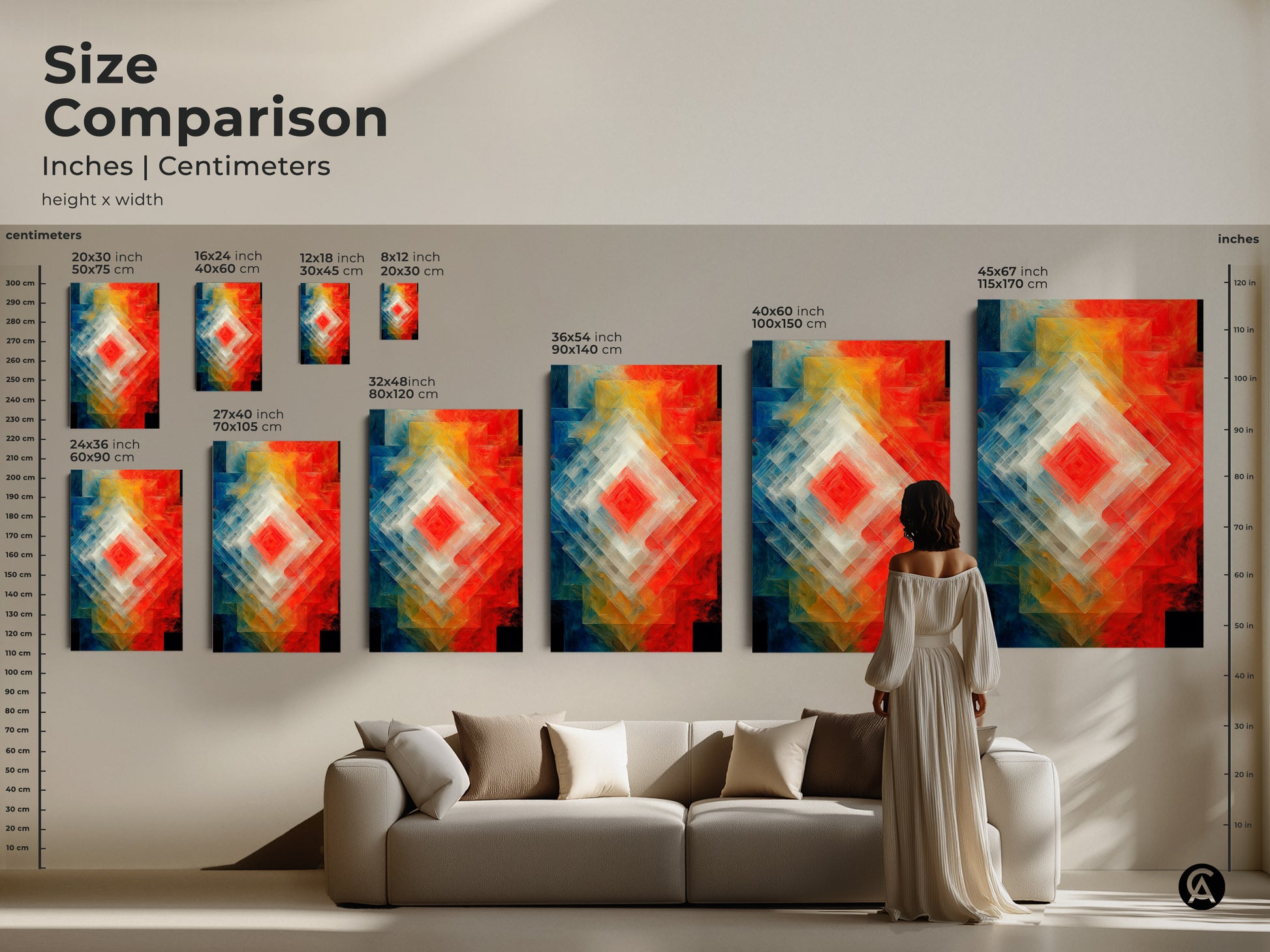 Size comparison of Geometric Abstract Wall Art in inches and centimeters. A woman stands near a sofa viewing the artwork. Layered diamond shapes art features a red blue and orange color palette. Multiple sizes for various spaces in your home or office.