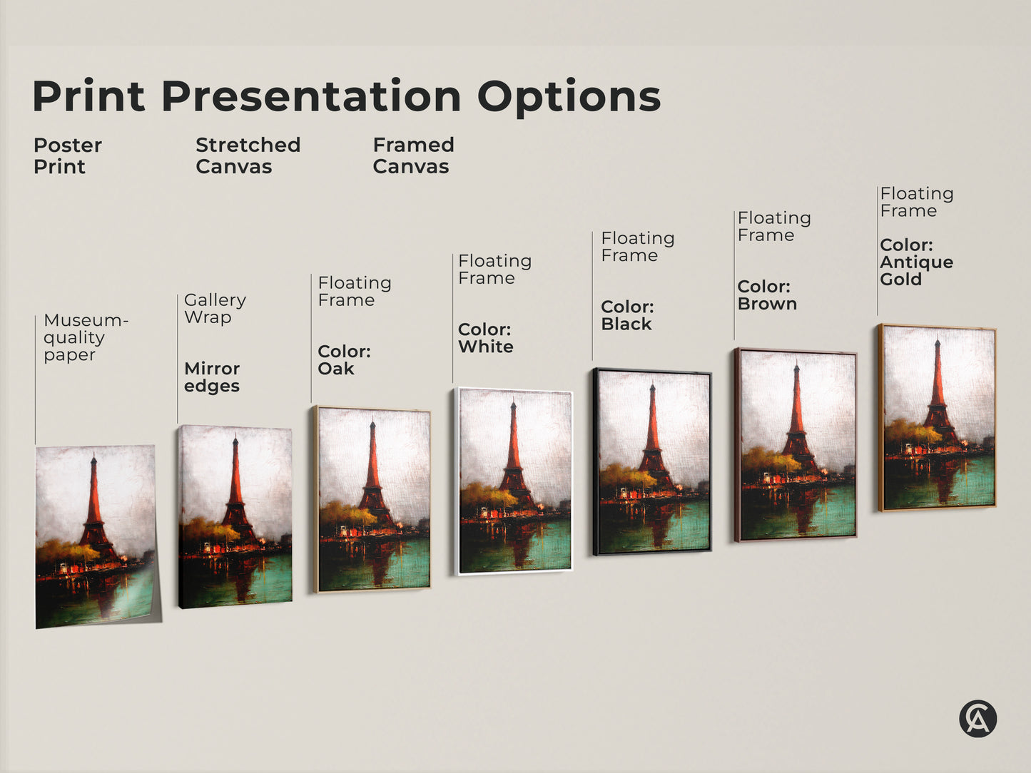 Explore print presentation options for Eiffel Tower art. Choose from poster prints stretched canvas and framed canvas. Find the perfect museum-quality art to complement your home.