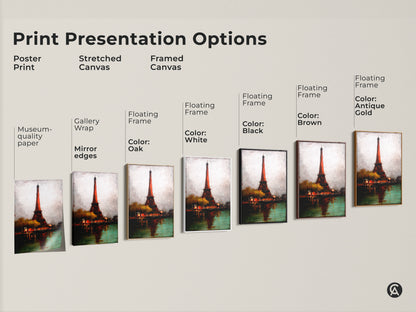 Explore print presentation options for Eiffel Tower art. Choose from poster prints stretched canvas and framed canvas. Find the perfect museum-quality art to complement your home.