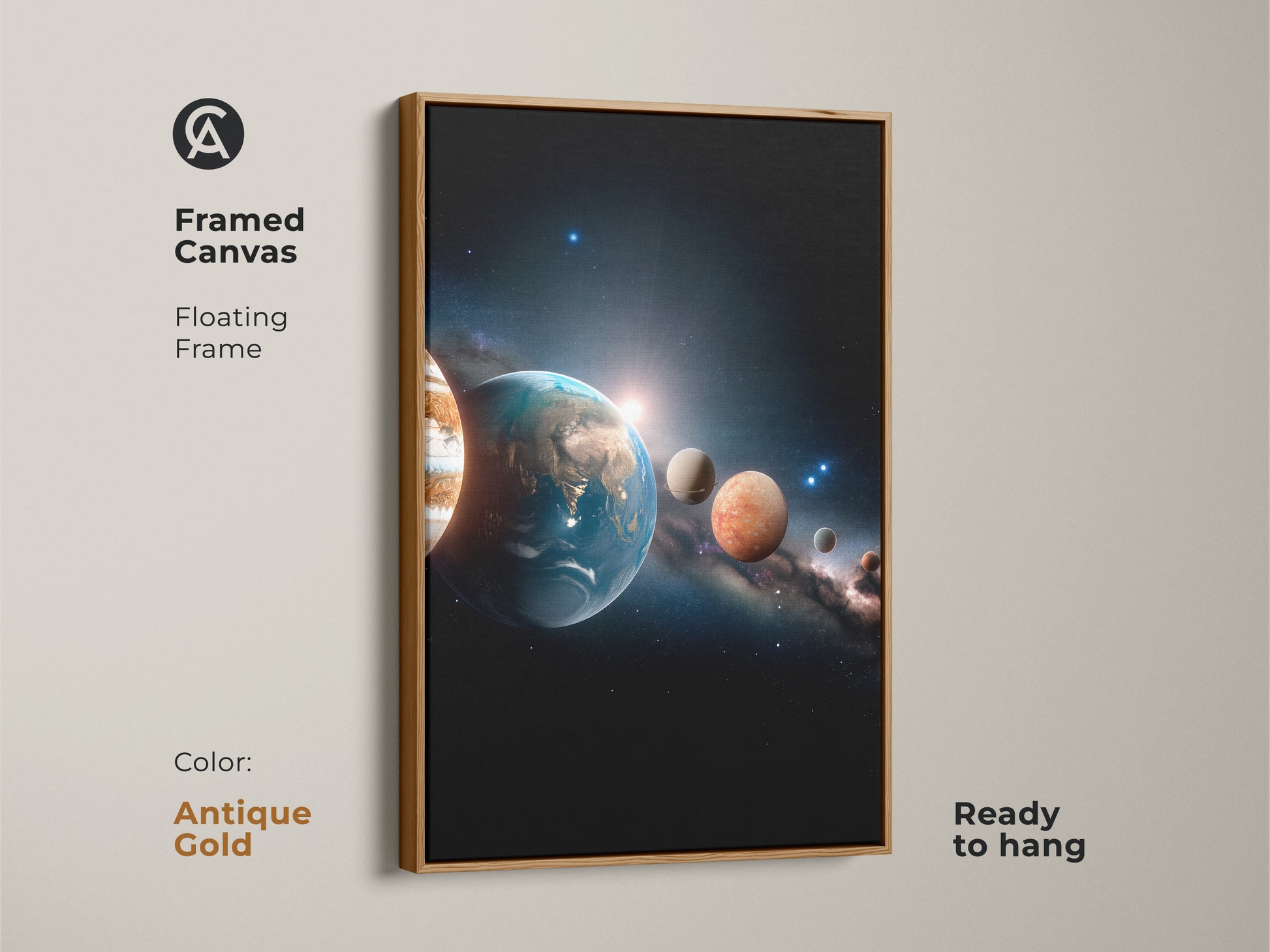Framed canvas featuring a solar system artwork. The floating frame has an antique gold finish. This ready-to-hang artwork adds a touch of vintage elegance. The planets are aligned in space and time.