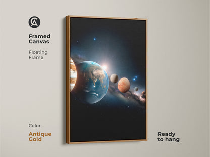 Framed canvas featuring a solar system artwork. The floating frame has an antique gold finish. This ready-to-hang artwork adds a touch of vintage elegance. The planets are aligned in space and time.