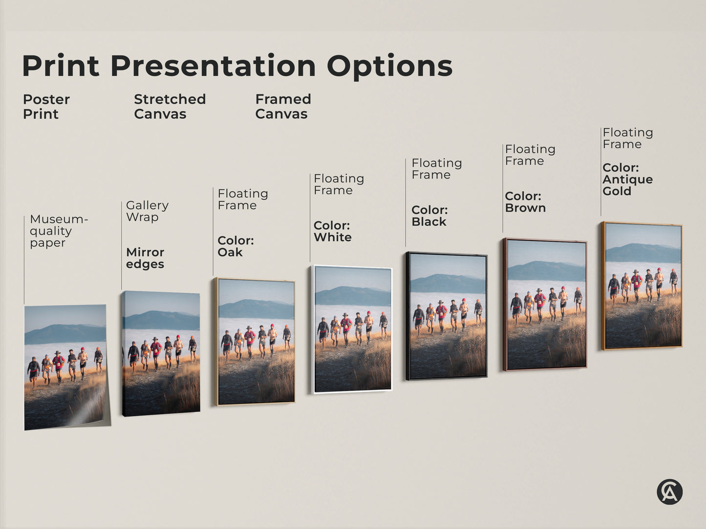 Explore print presentation options with this adventure photography canvas. See poster prints stretched canvas and framed canvas options. Discover the perfect rustic wall decor to showcase trail runners and mountain landscapes. Perfect for sports enthusiasts.