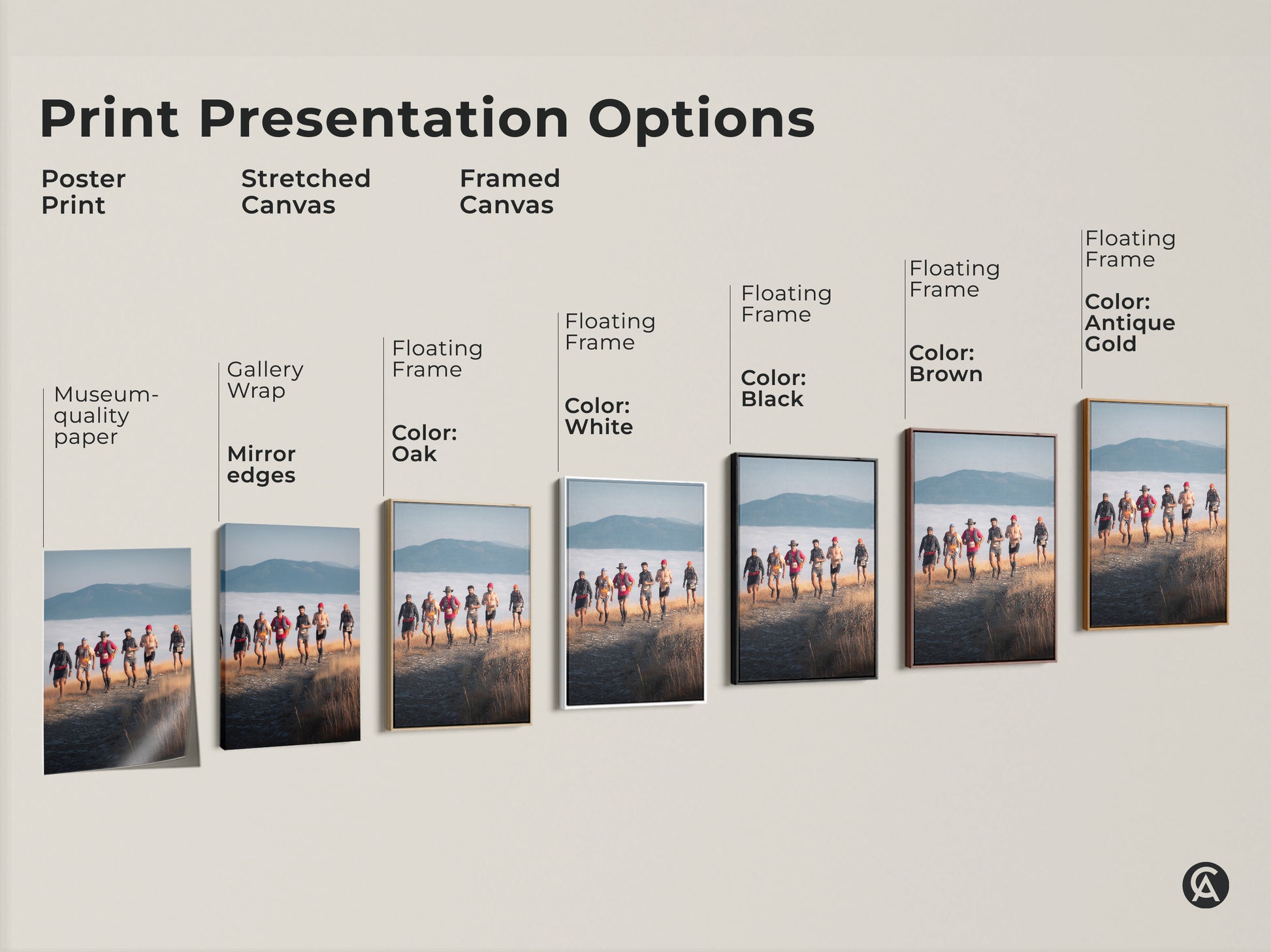 Explore print presentation options with this adventure photography canvas. See poster prints stretched canvas and framed canvas options. Discover the perfect rustic wall decor to showcase trail runners and mountain landscapes. Perfect for sports enthusiasts.