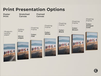 Explore print presentation options with this adventure photography canvas. See poster prints stretched canvas and framed canvas options. Discover the perfect rustic wall decor to showcase trail runners and mountain landscapes. Perfect for sports enthusiasts.