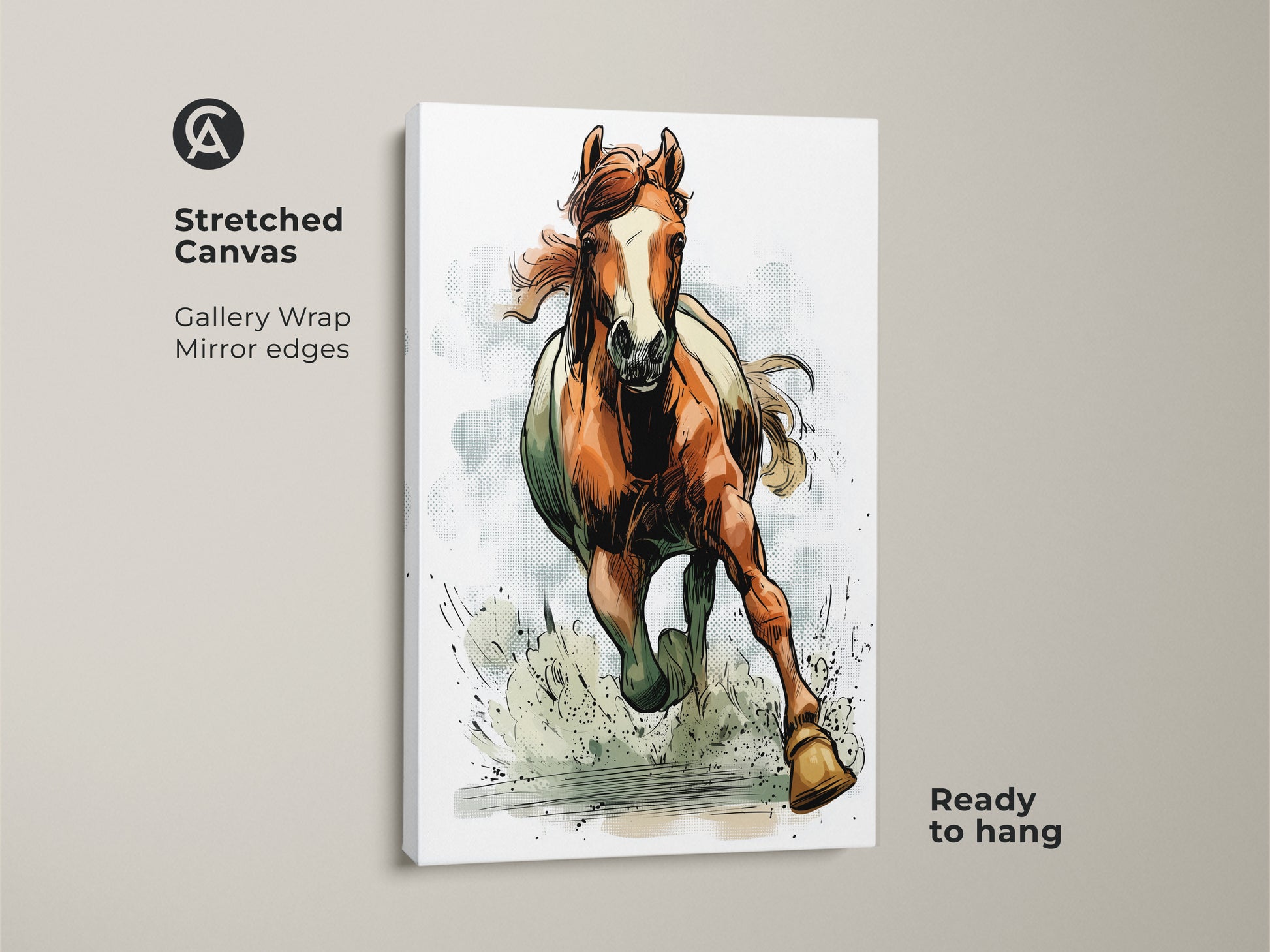 Stretched Canvas displays rustic horse art print. The equestrian wall decor features a running wildlife animal painting. This orange brown artwork is ready to hang. Gallery wrapped with mirror edges creates a modern look. The dynamic horse painting adds energy to any room. A great gift for horse lovers.