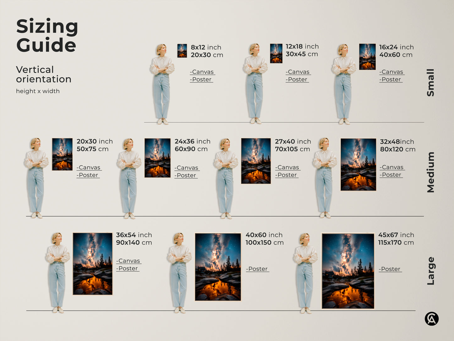 Sizing guide for vertical orientation Milky Way artwork. Available in small medium and large sizes for canvas or poster prints. Find the perfect fit for your space landscape painting or stargazer gift idea.