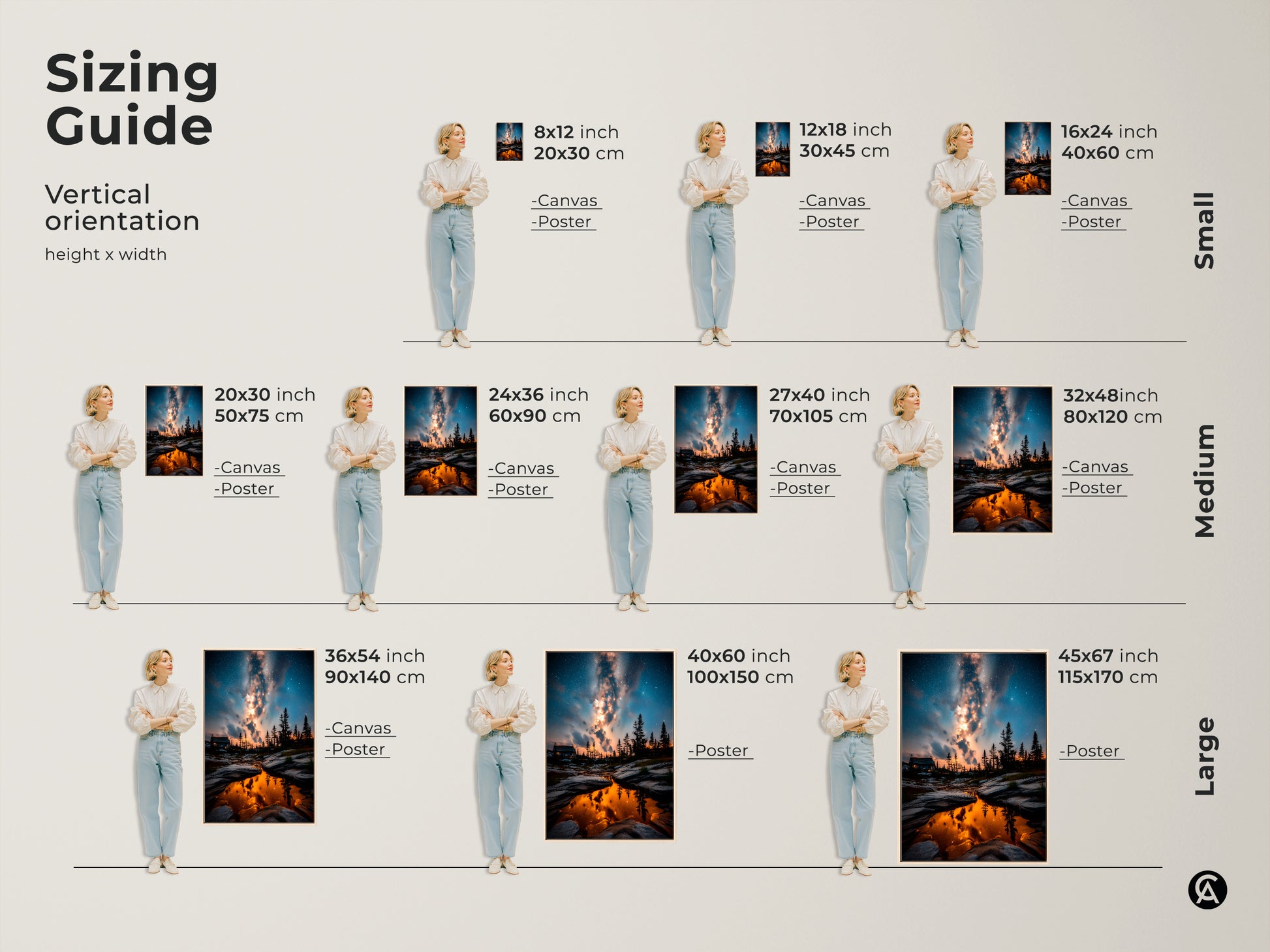 Sizing guide for vertical orientation Milky Way artwork. Available in small medium and large sizes for canvas or poster prints. Find the perfect fit for your space landscape painting or stargazer gift idea.