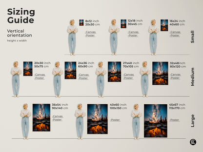 Sizing guide for vertical orientation Milky Way artwork. Available in small medium and large sizes for canvas or poster prints. Find the perfect fit for your space landscape painting or stargazer gift idea.
