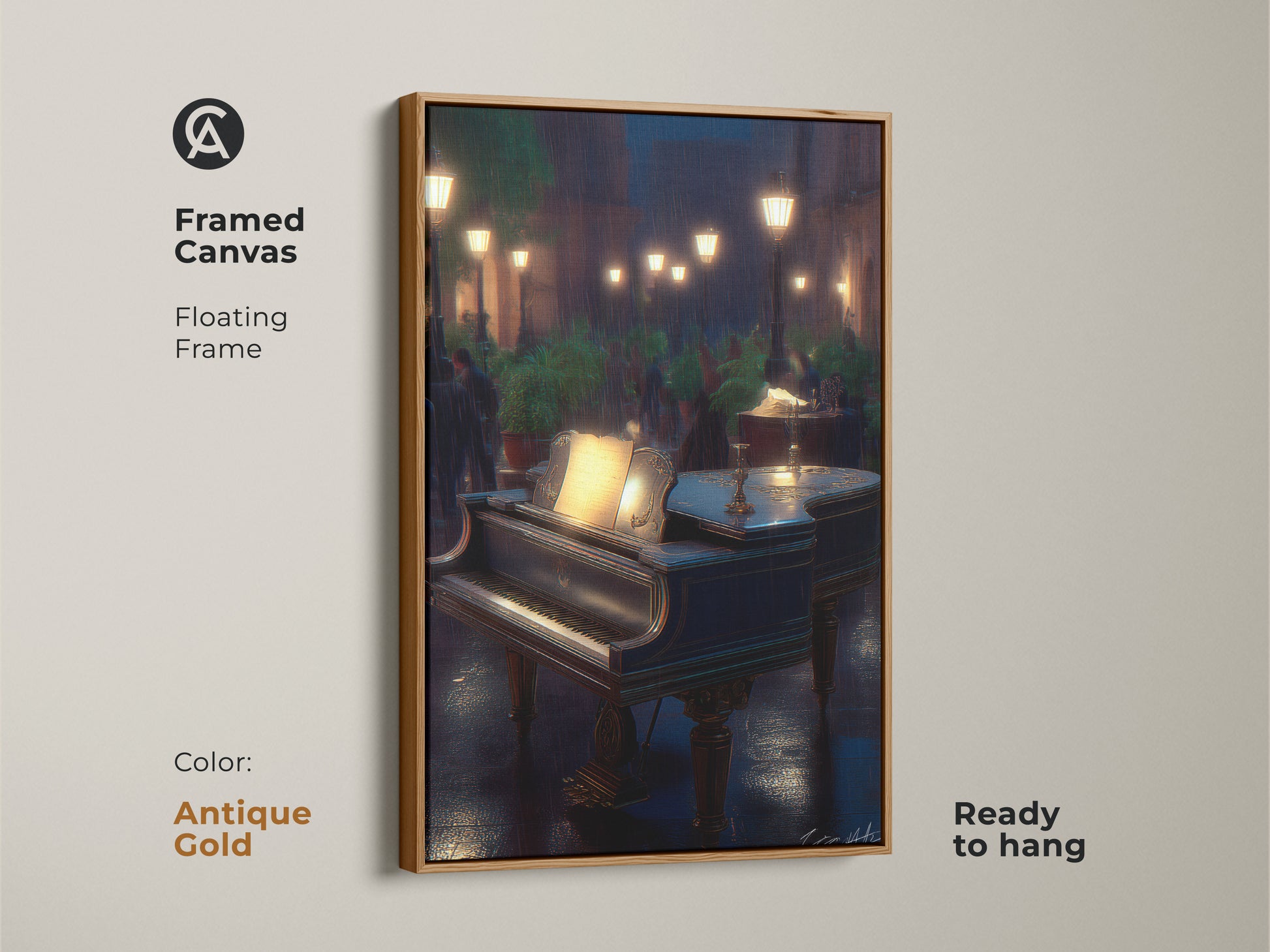 Infuse your space with sophistication using this framed Grand Piano Canvas print. The antique gold floating frame highlights the romantic music and rainy cityscape creating an elegant musician gift.