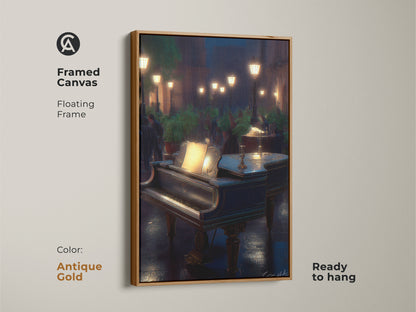 Infuse your space with sophistication using this framed Grand Piano Canvas print. The antique gold floating frame highlights the romantic music and rainy cityscape creating an elegant musician gift.