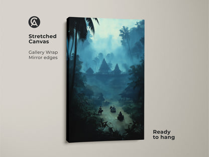 Stretched canvas of a misty blue jungle river art print. Gallery wrapped with mirrored edges this bohemian landscape canvas is ready to hang. The deep teal wall art brings travel culture to your home. The village scene evokes a sense of wanderlust.