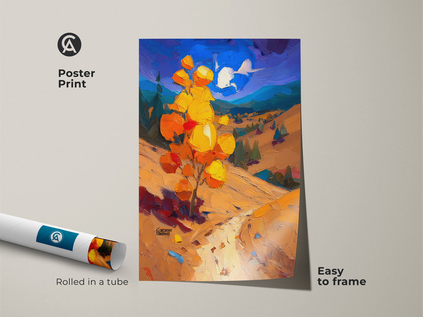Rolled poster print of an impressionist fall landscape. A yellow orange tree is featured with a purple blue sky. Easy to frame this nature inspired artwork adds color to any room. Great gift for art lovers