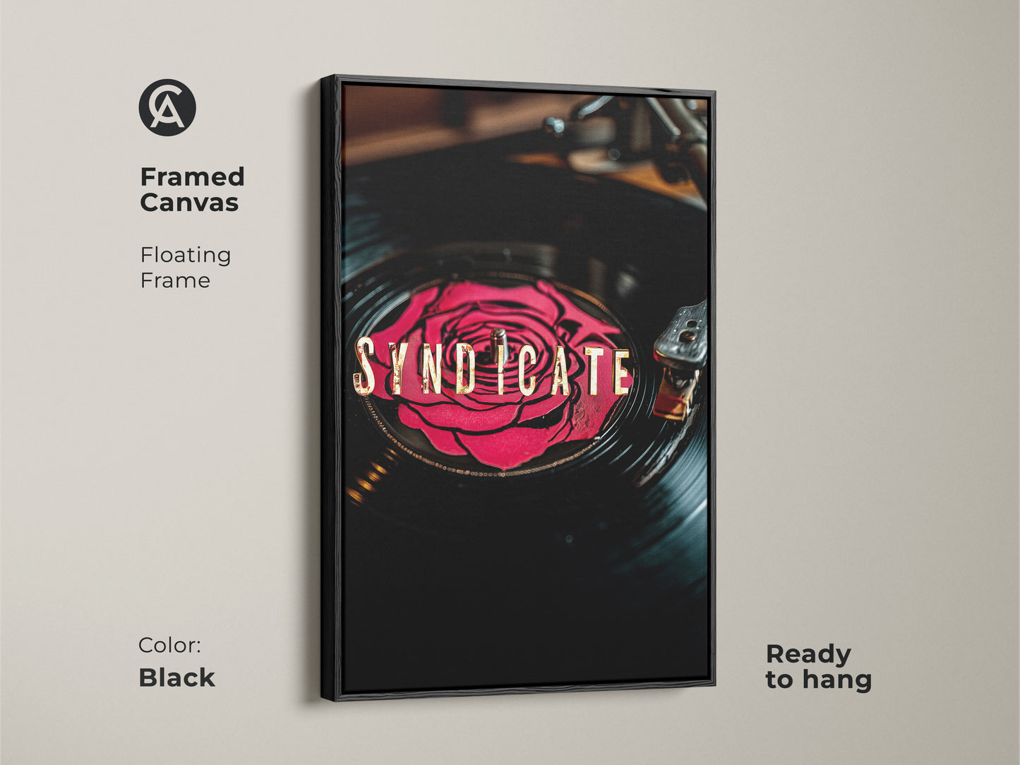 Black framed canvas of Syndicate vinyl record artwork. A red rose design on a vinyl record with gold typography. Floating frame is ready to hang. This music themed wall art is great for home decor.