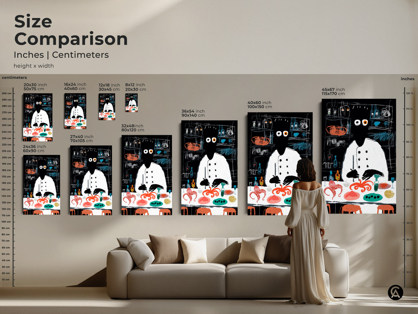 Compare sizes of the abstract chef and octopus artwork in inches and centimeters. Visualize how different sizes fit above a sofa. This unique art is available in various dimensions. Perfect for adding an eclectic touch to any living space kitchen or restaurant decor.