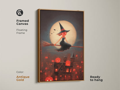 Framed canvas with an antique gold floating frame. Halloween witch art adds spooky gothic charm. Display a jack-o-lantern town print for October. Dark fantasy canvas art is ready to hang. Add seasonal art to your home.