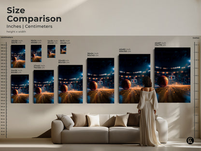 Compare sizes of basketball art in inches and centimeters. A woman is standing next to the artwork for scale. Visualize the impact of each piece in your home. Choose the perfect size for your space. This artwork is perfect for you.