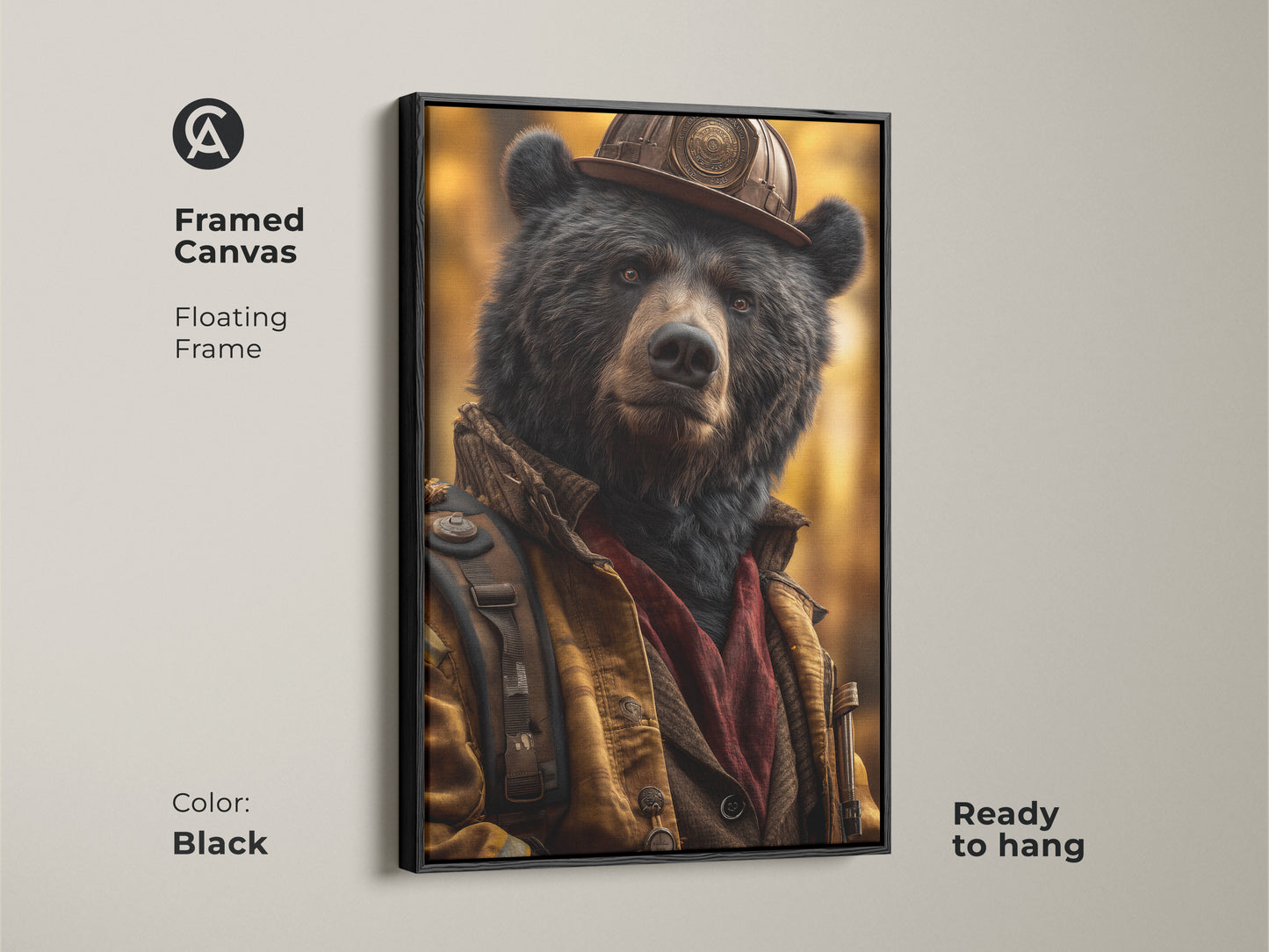 A framed canvas displays the wildlife bear firefighter art. The black floating frame accents this realistic animal artwork. Its ready to hang. Perfect as eclectic home decor. Buy this animal character painting today