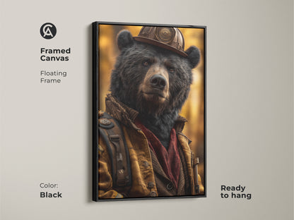 A framed canvas displays the wildlife bear firefighter art. The black floating frame accents this realistic animal artwork. Its ready to hang. Perfect as eclectic home decor. Buy this animal character painting today