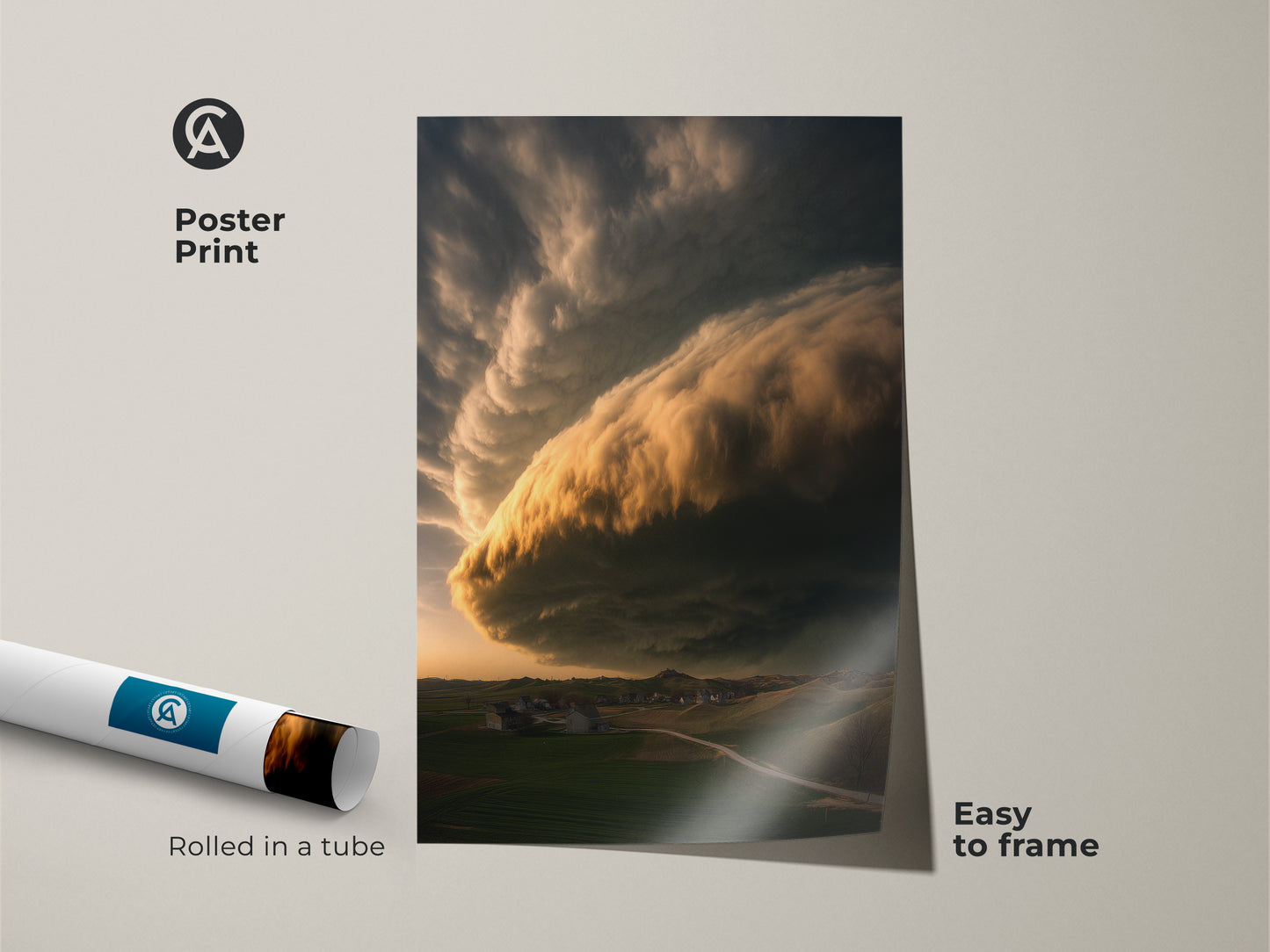 Poster print rolled in a tube featuring dramatic cloudscape artwork. This museum-quality paper print showcases a golden yellow cloud canvas and scenic countryside. Easy to frame nature art. Ideal housewarming gift art for a modern farmhouse style. It's captivating storm artwork.