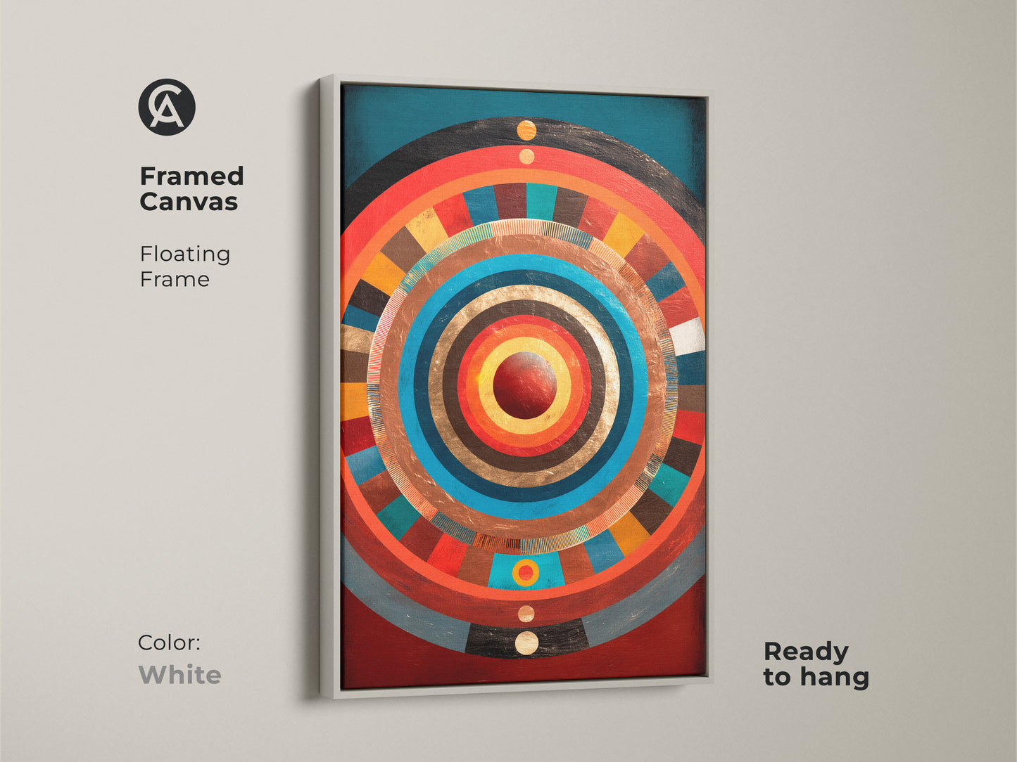 Framed canvas with a white floating frame around the concentric circle artwork. A modern abstract artwork in gold teal and crimson tones is ready to hang. Ideal for eclectic entryway decor or as a housewarming gift art. The radiating patterns add vivid color to the space.