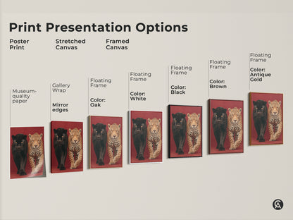 Explore print options for black panther and jaguar artwork. Choose from poster prints or stretched canvas. You can also select a framed canvas with floating frames. Options come in black brown oak white or antique gold. Find the perfect museum-quality wildlife animal artwork